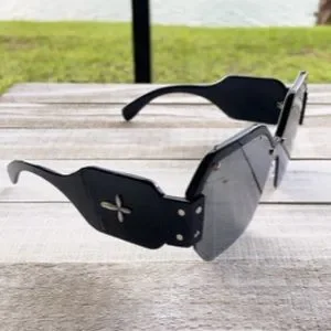 Black sunglasses with side way cross + black studded pouch Amazon.com: Chezi Metal Frame Cross Detail Fold-in Mesh Side  main image 2